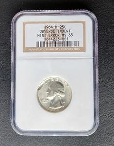 SUPER RARE 1964 D INDENT Error Quarter 25C NGC MS65 GEM - Picture 1 of 4