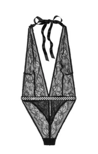 Victoria's Secret Black Lace ~ Rhinestone Waist Band Teddy Bodysuit Size LARGE - Picture 1 of 11