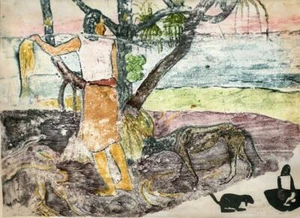 “SCENE WITH WOMAN AND DOG” BY PAUL GAUGUIN – 1947–ORIGINAL HELIOGRAVURE (3I-01) - Picture 1 of 1