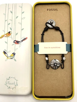 Vtg Fossil Live In Sunshine bracelet - NIB Leather And Metal Sun Design W Tin - Image 1 of 4