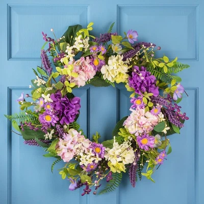 Northlight Hydrangea and Foliage Spring Floral Twig Wreath, Purple 26-Inch - Image 1 of 4