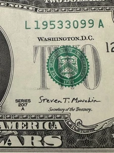2 Dollar Bill - Series 2017a With Significant Year Serial Number - 19533099  - Picture 1 of 3