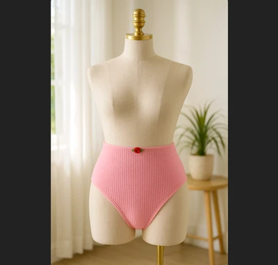 Betsey Johnson Bikini Bottom MEDIUM Pink Swim Ribbed Rosette Scrunch High Waist - Image 1 of 4