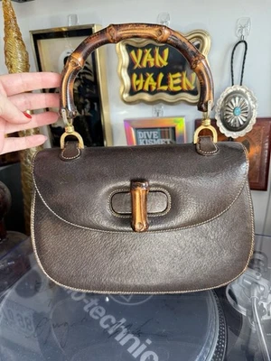 Bolsa de mão GUCCI vintage bambu 1947 couro marrom pebbled anos 60/70 - Imagem 1 de 4