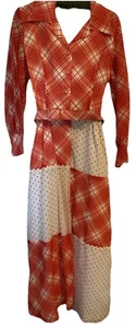 Vintage 1960s 70s Red / White Check Patchwork Retro Shirt Maxi Dress Sz Vtg16 - Picture 1 of 10