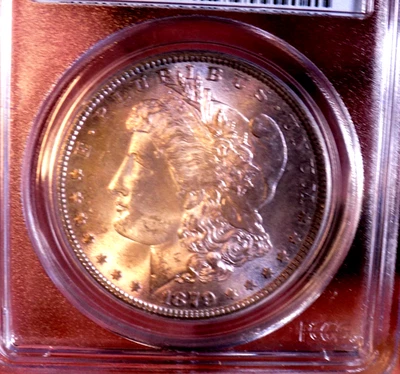 MORGAN SILVER DOLLAR 1879 P PCGS MS 63+++ UNDER GRADE PASTEL RAINBOW BEAUTY!! - Image 1 of 4