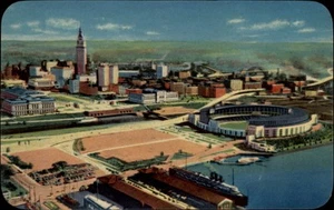 Cleveland OH Municipal Stadium East 9th St aerial 1950s unused vintage postcard - Picture 1 of 2