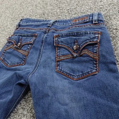 Pantalones de mezclilla Cruel para mujer 7 azul oscuro tiro bajo acampanados bota solapa bolsillo elástico Y2K Foto 1 de 4