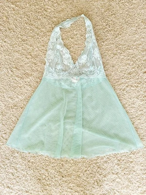 Y2K Victoria Secret 婴儿娃娃上衣吊带女式小号浅蓝色绿色蕾丝  — 第 1/4 张图片