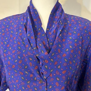 VTG Retro 90s Liz Claiborne Womens Sz 6 Sm Silk Scarf Blouse Blue Paisley Print - Picture 1 of 11