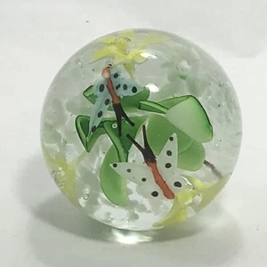 Clear Glass Paperweight with Butterflies Yellow Flowers Leaves White Ground - Picture 1 of 8