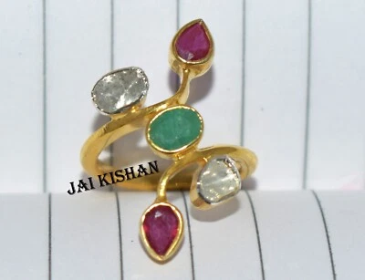 Hübsch Smaragd Rubin Edelstein Polki Diamant 925 Sterlingsilber Damen Ring US 6 - Bild 1 von 4