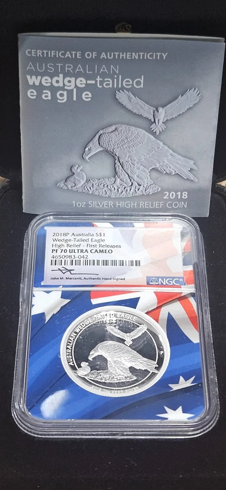 2018P Australia 1oz Silver Wedge-Tailed Eagle High Relief NGC PF70 Ultra Cameo. - Imagem 1 de 4