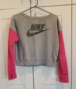 Nike Girl's XL SB Crew Crop Sweatshirt Heather Gray Black Hot Pink Women 80s XS - Picture 1 of 11