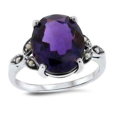 ANILLO DISEÑO VICTORIANO PLATA ESTERLINA 925 5 QUILATES LABORATORIO AMATISTA Y PERLAS 114z Foto 1 de 4