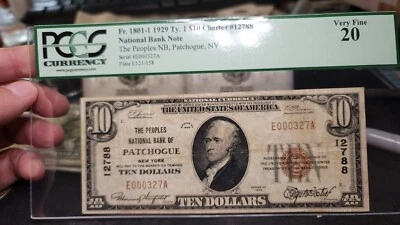 $10 1929 The Peoples National Bank of Patchogue, New York CH# 12788 PCGS VF 20 - Image 1 of 3