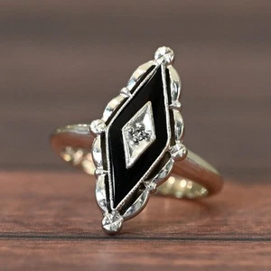 Retro Onyx w Diamond 10k White Gold Navette Ring - Picture 1 of 7