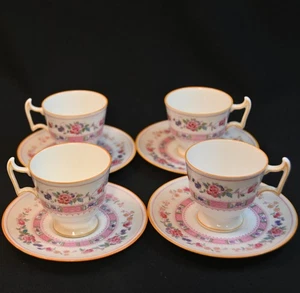 Royal Doulton Demitasse 4 Cups 4 Saucers Urn Pink Bands Yellow Trim HP 1922-1927 - Picture 1 of 24