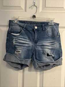VIP Jeans Shorts Womens 9/10 Denim Stretch Light Wash Distressed Whiskers - Picture 1 of 4
