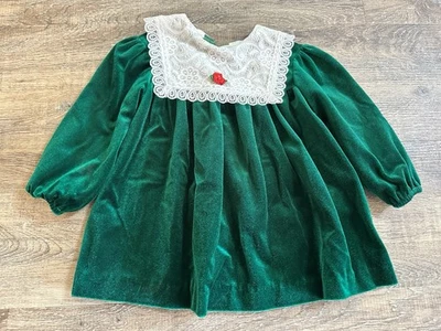 Vintage Dress Girls Size 3T Green Velvet Velour Lace Trim 80s 90s Nostalgia USA - Image 1 of 4