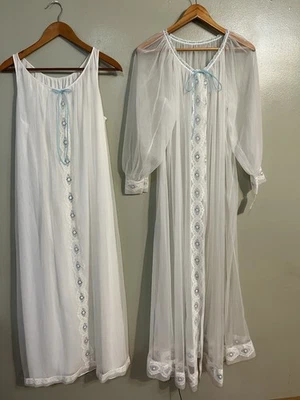 Miss Elaine De Colección Años 40 Hecho en Unión Elegante Conjunto de Camisón Blanco y Azul L  Foto 1 de 4