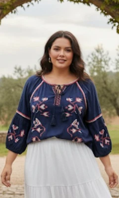 Blusa New Directions Azul Marino Boho Floral Bordada Corbata Frontal Mujer Talla Grande Foto 1 de 4