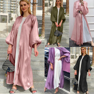 Open Muslim Women Satin Long Dress Cardigan Dubai Jilbab Abaya Kimono Kaftan Eid