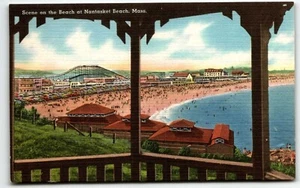 Strandszene Leinen Postkarte am Nantasket Beach Massachusetts MA UNP - Bild 1 von 2