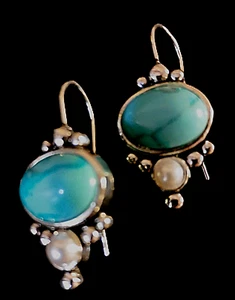 NWT Silver Plated Earrings -Oval Turquoise & Faux Pearls -French Hooks -1.38"T - Picture 1 of 3