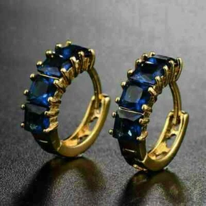 3 Ct Princess Cut Natural Blue Sapphire Hoop Earrings In 10K Real Yellow Gold - Picture 1 of 8