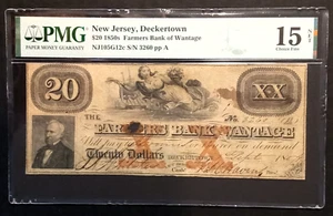 NJ $20 DECKERTOWN New Jersey Farmers Bank of WANTAGE 1850s PMG 15 NJ-105 G12c - Picture 1 of 6