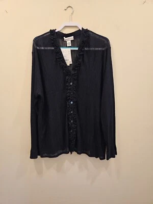 NWT Women's Doncaster Linen Blend Cardigan Sweater Navy Blue Ruffle Size 3W - Image 1 of 4