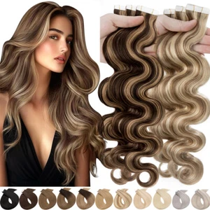 60pcs 100% Human Hair Extensions Tape In Skin Weft Remy Hair Body Wave/Curly US - Picture 1 of 66