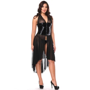 Leather Nightwear Clubwear halter top dress Women's Sexy Fetish Mesh Bodycon PU - Picture 1 of 5