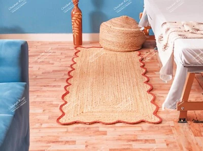 Natural Jute Hand Braided Scalloped Runner Rug with Red Border, Large Area Rug - Image 1 of 4