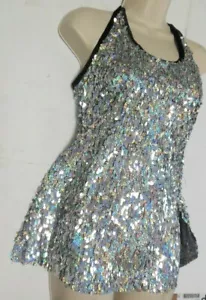 Halter lentejuelas soporte vestido top holograma plateado ch/damas borde de terciopelo negro - Imagen 1 de 9