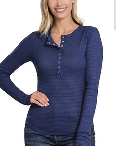 Zenana Women’s Blue Thermal Henley Long Sleeve Waffle Knit Top Button Front Sz S - Picture 1 of 9