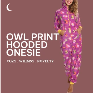 Owl Print One-Piece Pajamas – Bear Ears • Zip-Up • Cozy Fleece • Hooded Whimsy - Picture 1 of 8