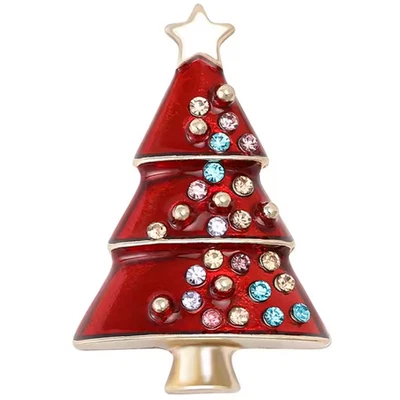 Enamel Rhinestone Christmas Tree Brooch Pin, Gold Holiday Winter Jewelry Gift - Image 1 of 4