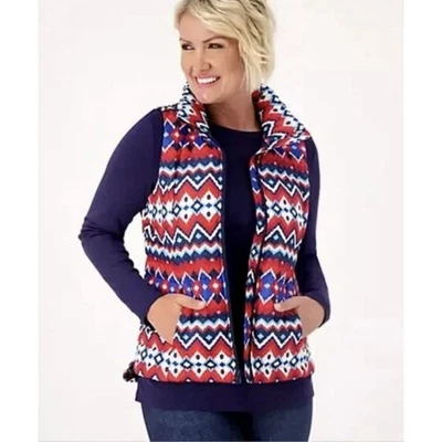 Chaleco acolchado Lands End Down para mujer 1X rojo azul marfil estampado Chevron Fair Isle  Foto 1 de 4