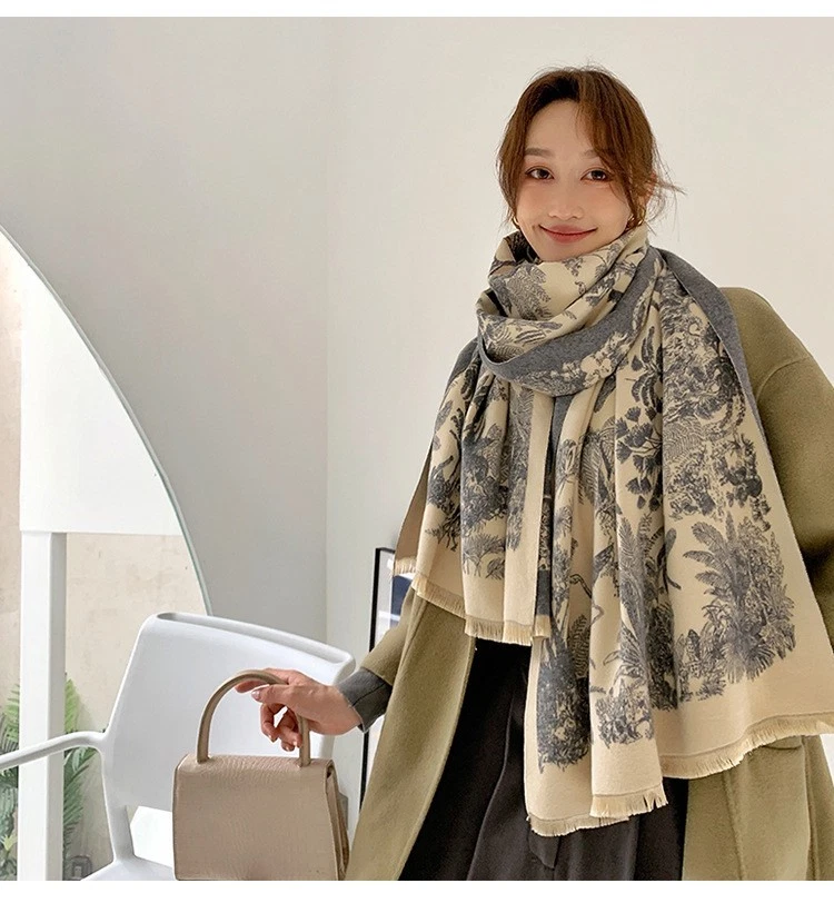 Neutral Toile De Jouy Print Scarf Shawl Wrap Winter Warm Long Reversible - Image 1 of 4