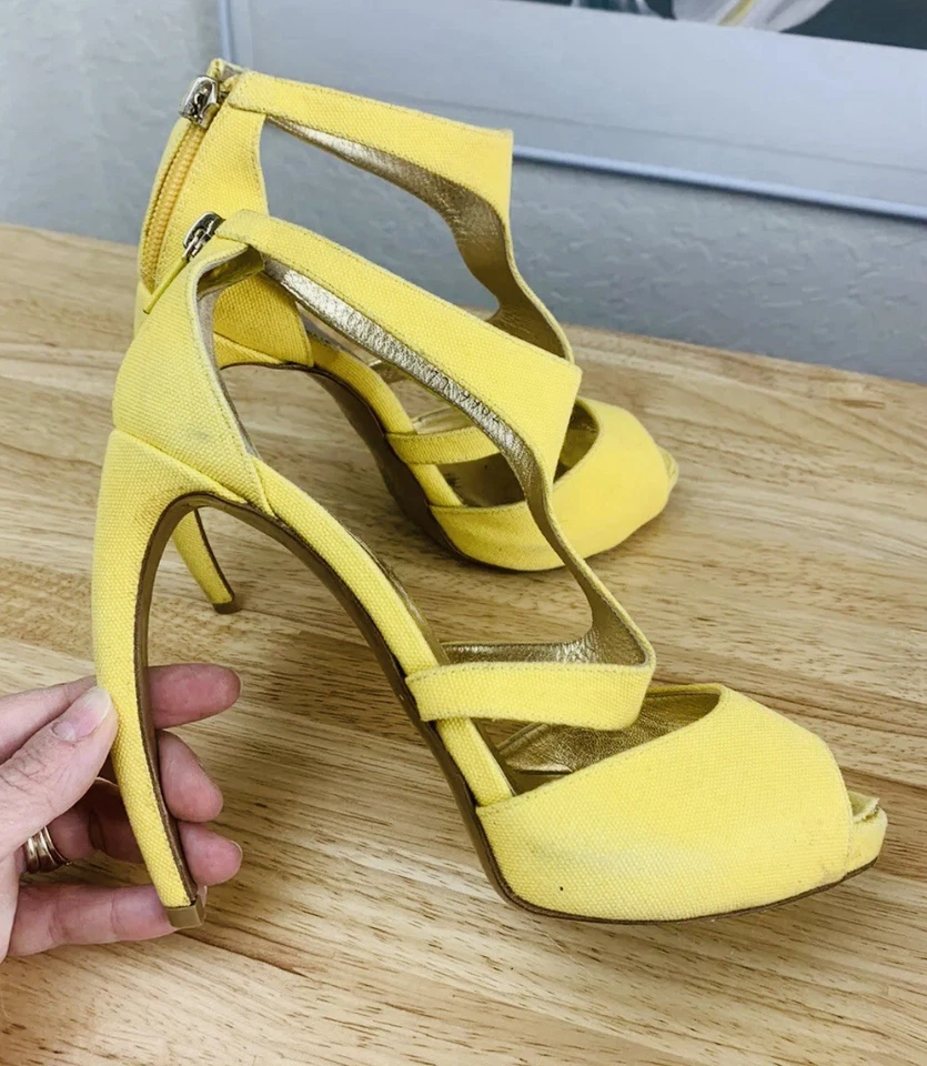 Walter Steiger Yellow Iconic Curved Heels US 7 37 Raw Silk Pumps Stiletto RARE - Image 1 of 4