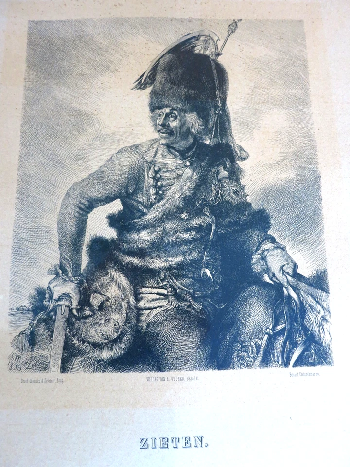 Zieten, Holzstich, sig. Menzel 1850, Druck G&D 1886, Holzrahmen mit Glas 55 x 42 - Bild 1 von 3