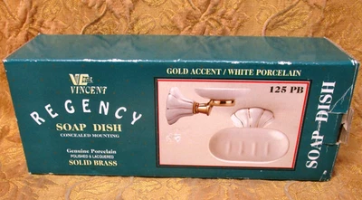 NIB OS Regency wall mounted porcelain soap dish -original box white/gold accent - Image 1 of 4