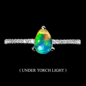 925 Sterling Silver Ring with Fire Pear Opal 7x5mm Simulated CZ Gemstone - Picture 1 of 10