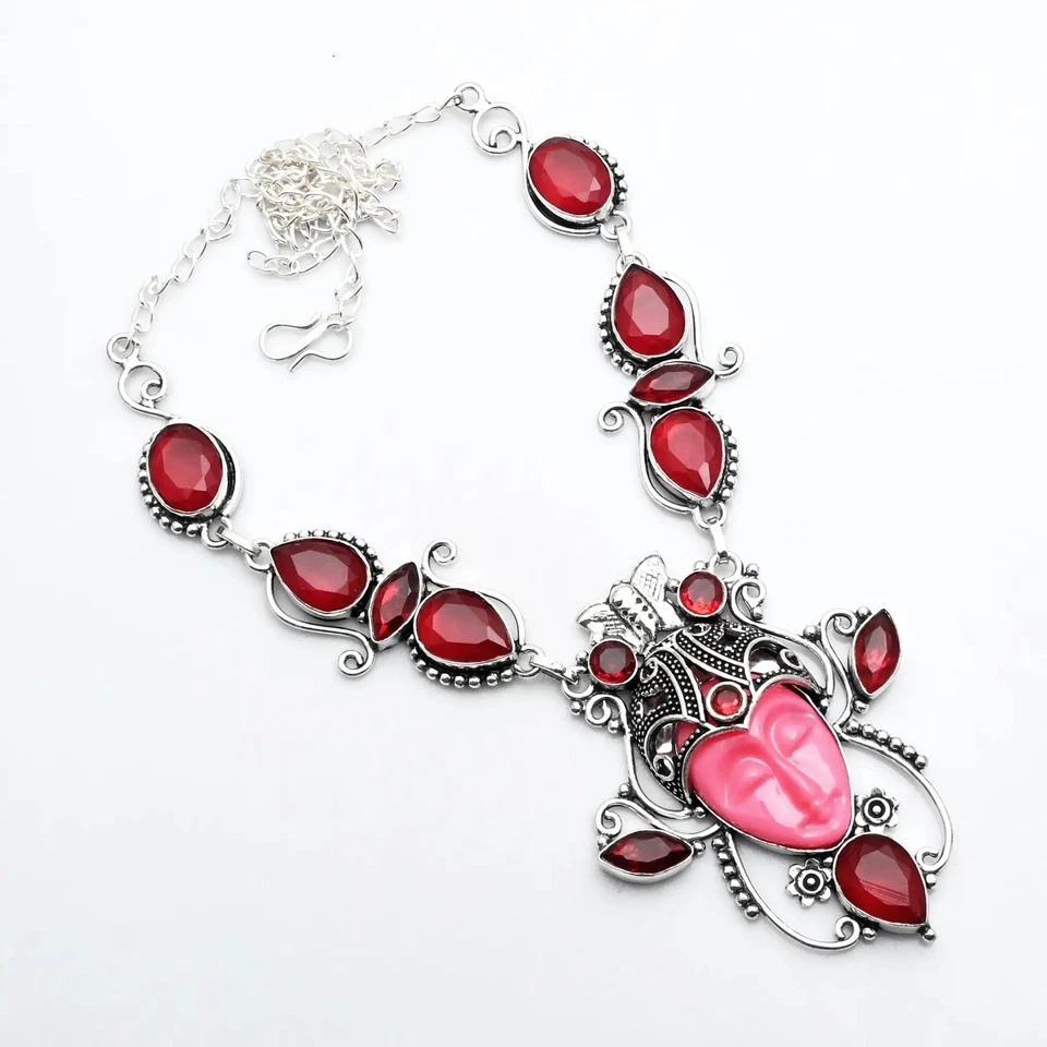 Carved Goddess Face Simulated Ruby Gemstone Necklace Jewelry 42 Gms AN 14156 - Image 1 of 1