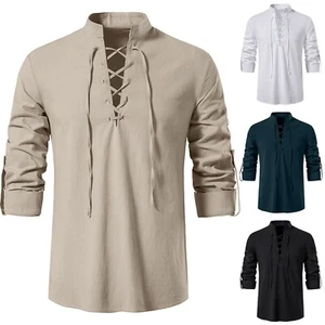 Men's Pirate Shirt Medieval Renaissance Steampunk Retro Long Sleeve Lace up Top - Picture 1 of 16