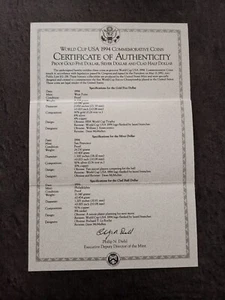 ECHTHEITSZERTIFIKAT FÜR US DOLLARS FUSSBALL WM 1994 - Bild 1 von 3