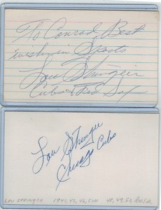 (2) LOU STRINGER INDEX CARD SIGNED 1941-50 CUBS RED SOX PSA/DNA CERT 1917-2008
