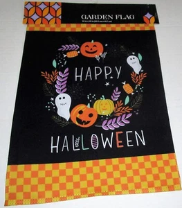 HALLOWEEN GARTENFLAGGE 12"x 18" HAPPY HALLOWEEN ~ HALLOWEEN KRANZ [doppelseitig] - Bild 1 von 1